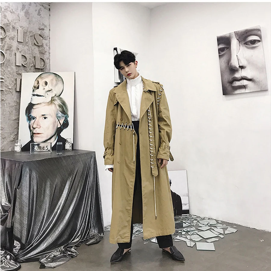 

Khaki Trench Coat Men Streetwear Gothic Punk Style Long Jacket Men Overcoat Ribbon Spliced Cardigan Harajuku Male Outerwear