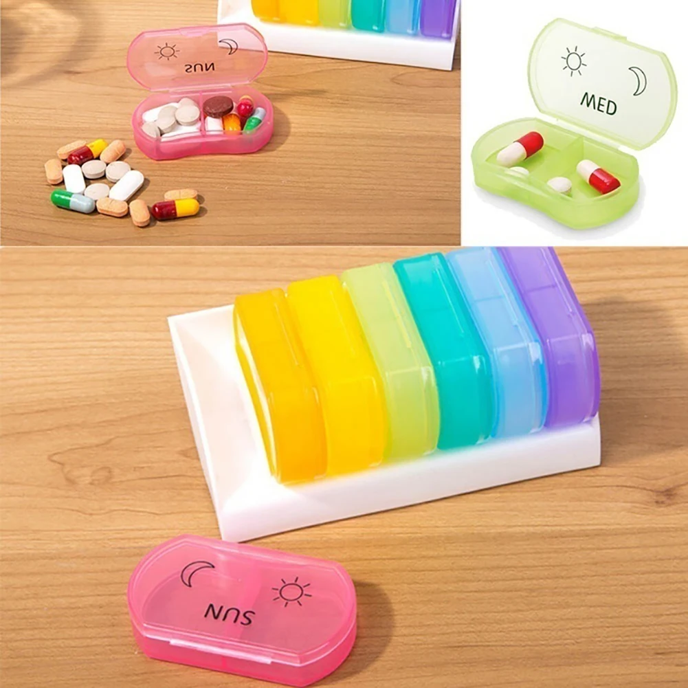 Portable Rainbow 7 Days Pill Medicine Box Travel Weekly Medicine Health Storage Pill Box Organizer Dispenser Pill Cutter Case