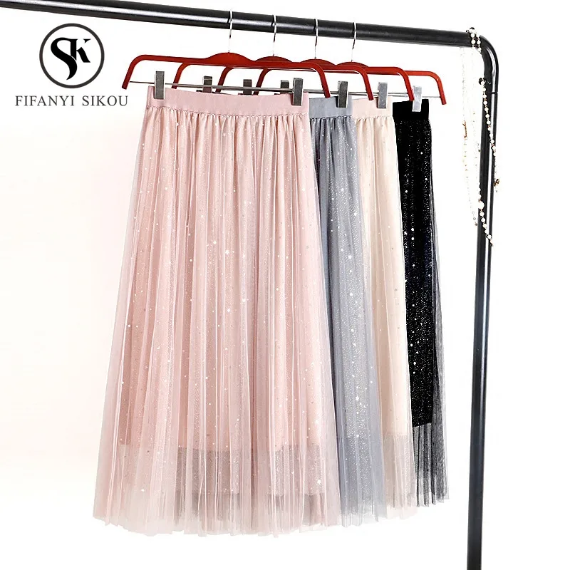 С полосатой сеточкой с высокой талией юбка Для женщин модные блестки эластичный пояс юбки Повседневное Kawaii Демисезонный плиссированная юбка Для женщин