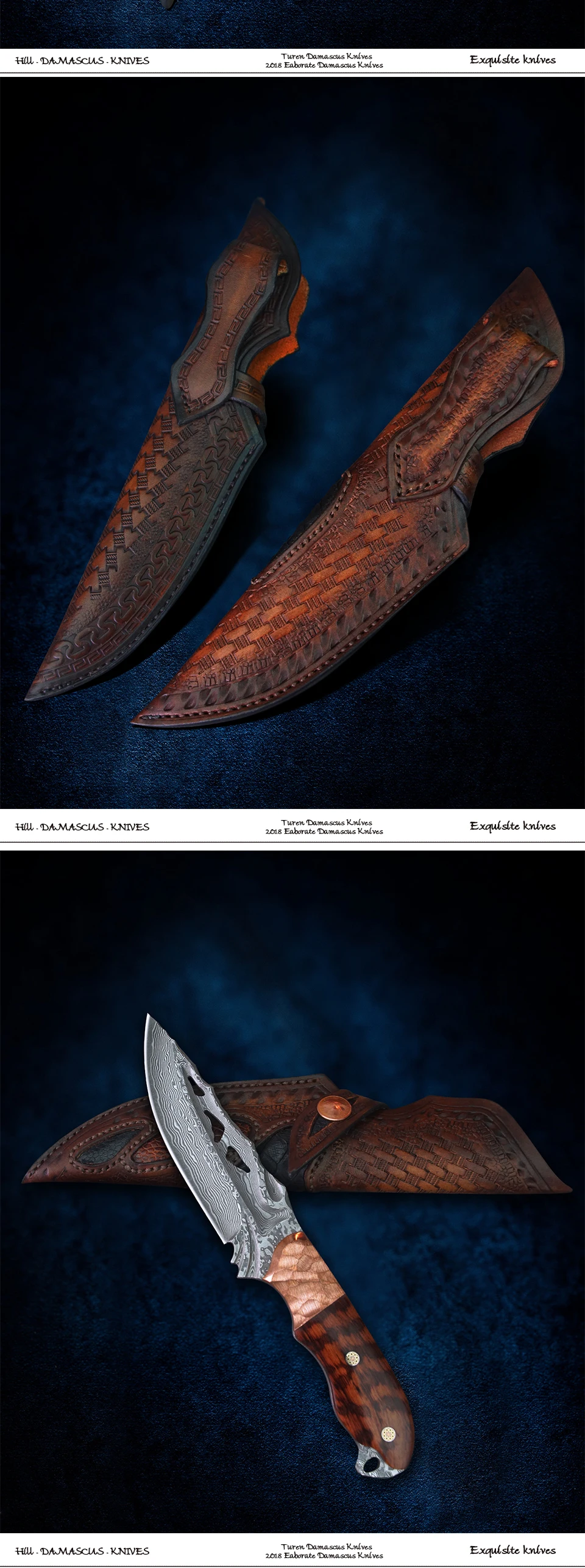 TUREN-Full Tang Дамасская сталь охотничий нож тактический нож с фиксированным лезвием Snakewood Ручка Открытый инструмент для кемпинга с оболочкой