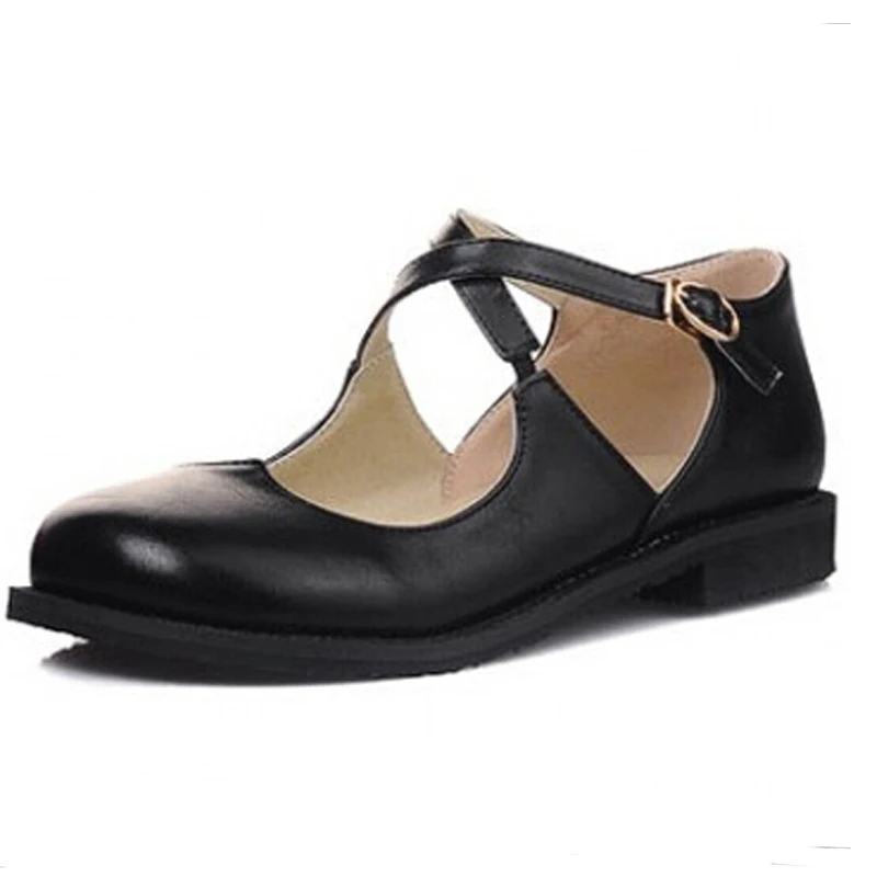 Туфли с перфорацией, круглым носком на плоской подошве; повседневная винтажная обувь с перекрестной шнуровкой, закрытым носком, ремешками и пряжками; женские оксфорды в английском стиле; большие и маленькие размеры 31–43 - Цвет: Black