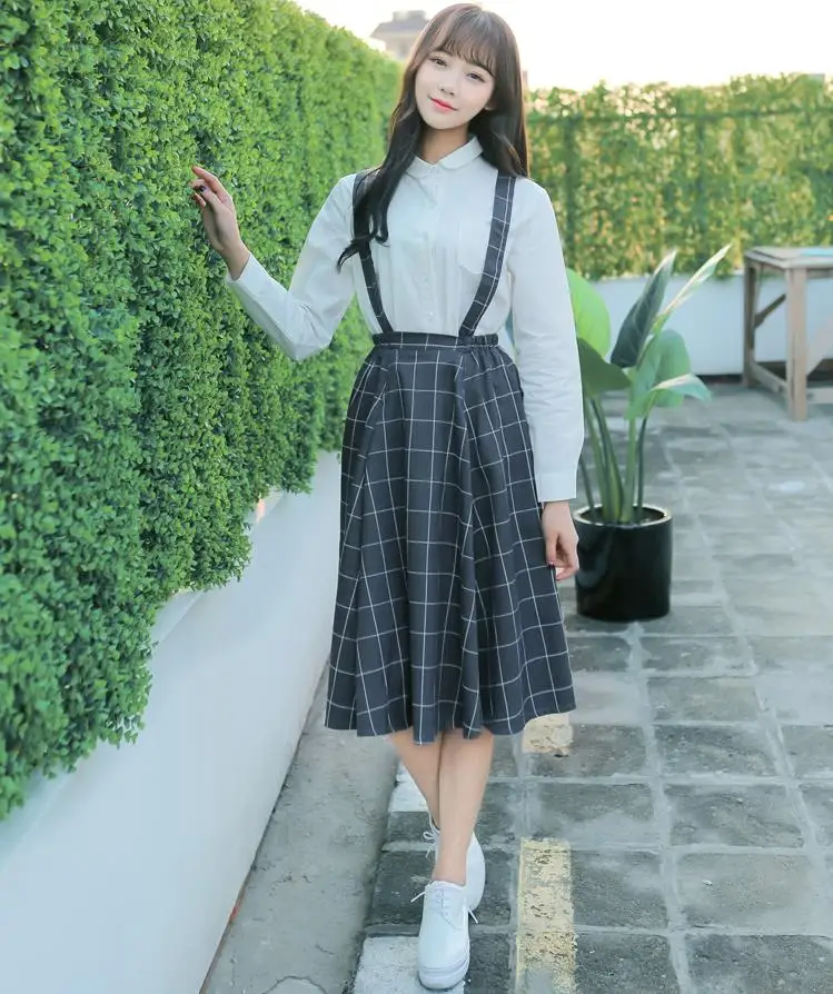 

2 colors-- Vintage thickening mori girl plaid brace dress belt autumn winter