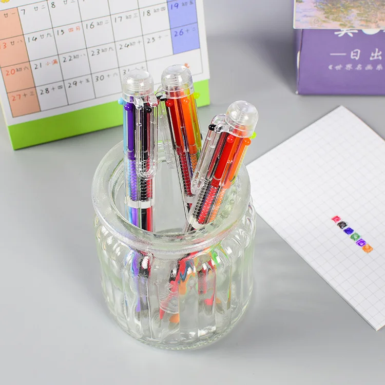 100 pcs Creative Transparent 6 color ballpoint pen student stationery multi-color pen wholesale