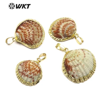 

WKT WT-JP081 Classic Vintage Seaside Vacation Bohemian Natural Fan Shells With Gold Trim Women Pendant Jewelry Shell Pendant