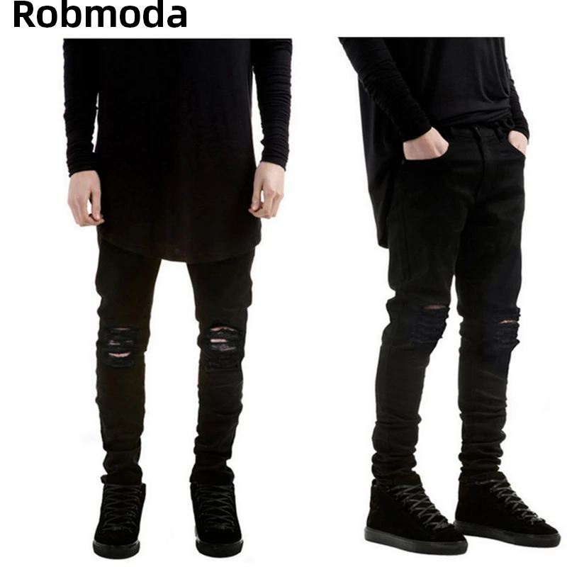 Black Ripped Jeans Men With Holes Super Skinny Famous Designer Brand trousers Slim Fit Destroyed Torn Jean Pants For Male