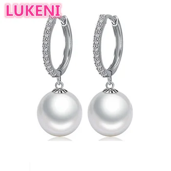 

HOT Luxury Zircon Wedding Earrings for women S925 Sterling Silver 9-10mm Perfect round natural Pearl drop Earrings Free shipping