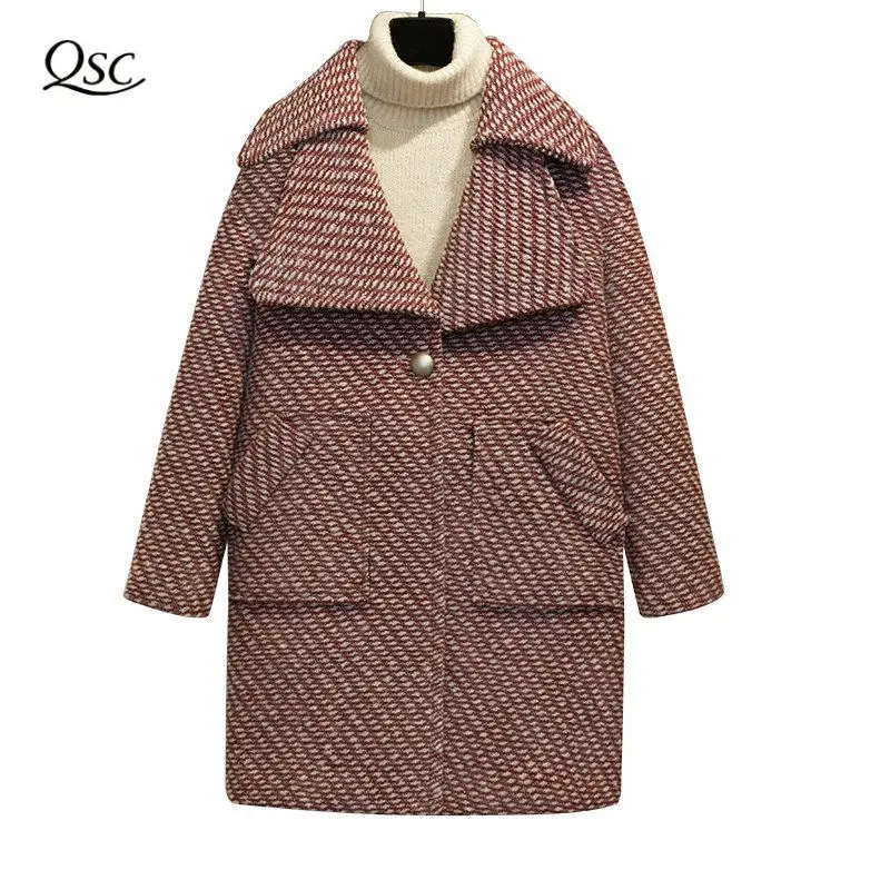 

2018 New Wool Coat High Quality Winter Jacket Women Slim Woolen Long Cashmere Coats Cardigan Jackets Elegant Blend Pocket Argyle