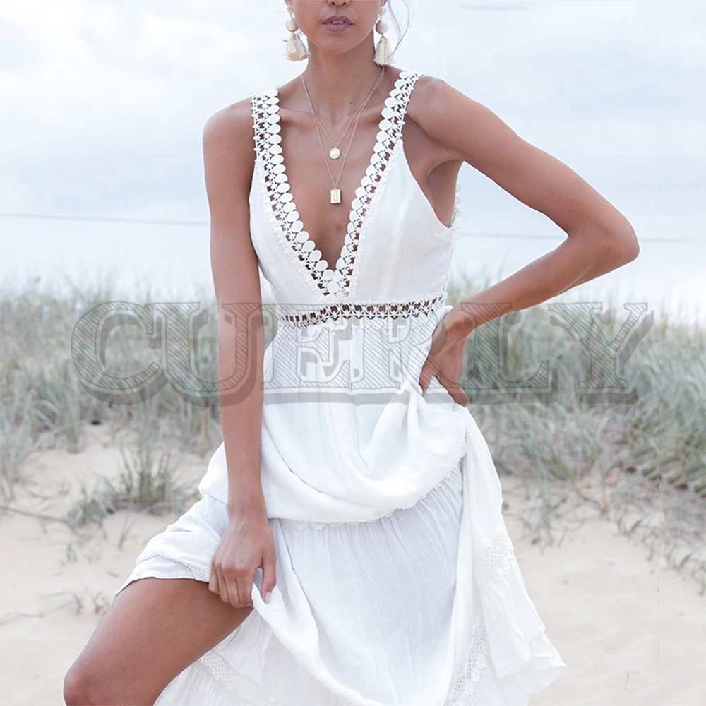 

CUERLY Sexy v-neck women maxi dress Elegant backless lace up white summer dresses Solid lining hollow out female dress vestidos