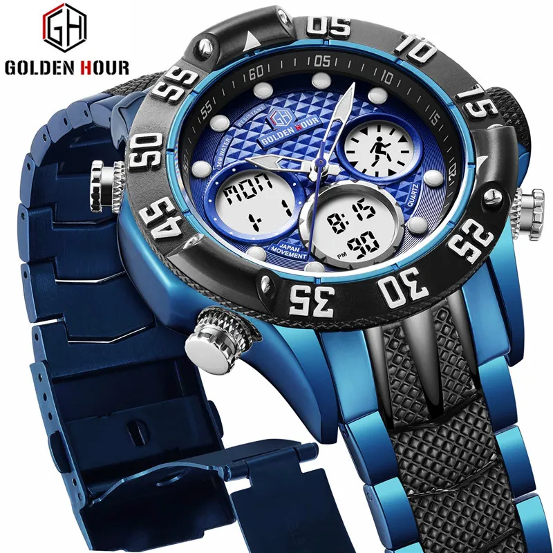

GOLDENHOUR Mens Sport Watches Full Steel Waterproof Military Digital Watch Casual Business Quartz Wrist Watch Relogio Masculino