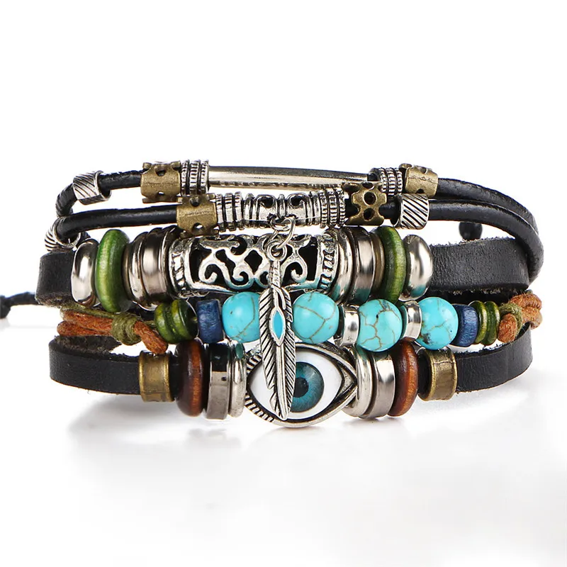 

Vintage Natural Stone Multilayer Leather Bracelet Men Braided Handmade Evil Eye Rope Wrap Beads Charm Bracelets Boho Jewelry