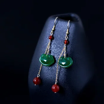 

925 Sterling Silver DIY Handmade Tassel Earrings For Women Ethnic Green Jade Peace Lock Earrings