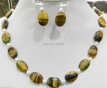 

NATURAL TIGER'S EYE OVAL GEMS & TRUE WHITE CULTURED PEARL NECKLACE EARRINGS SET