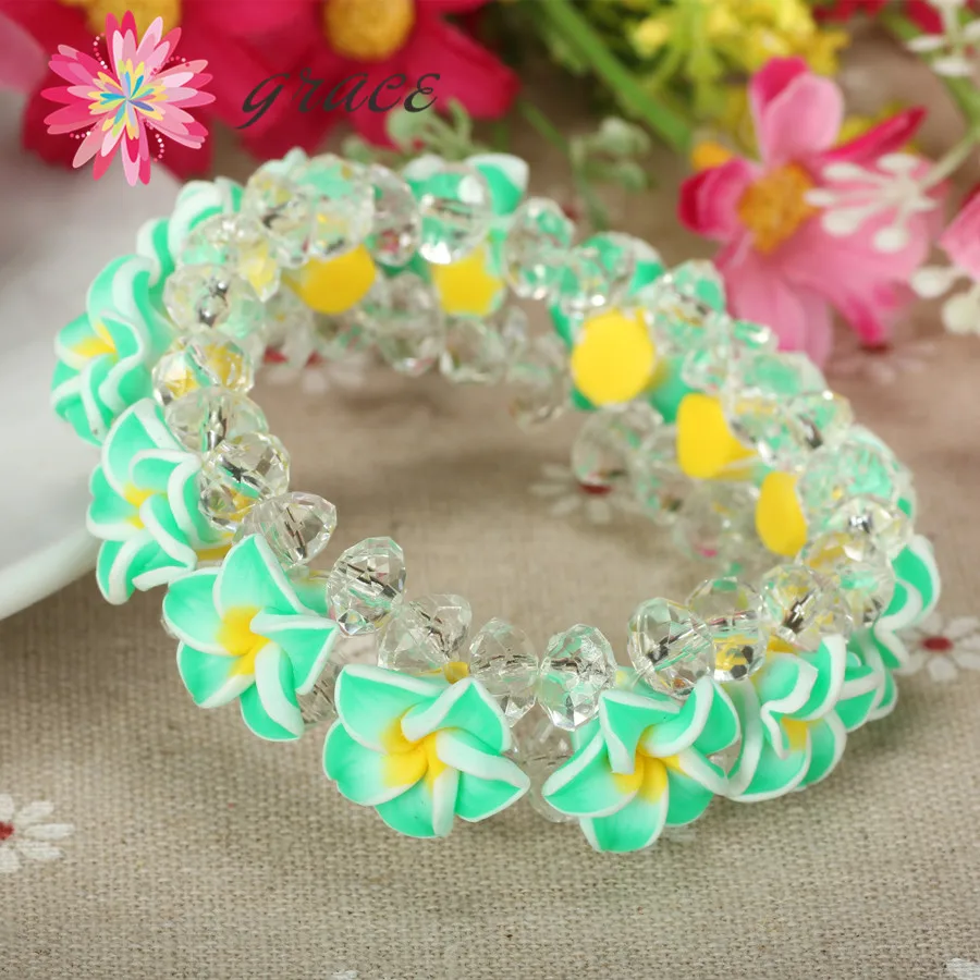 1pc/lot Handmade Beautiful Polymer Clay Fimo Frangipani Plumeria Flower Bracelet For Girls Women Holiday Jewelry Accessories