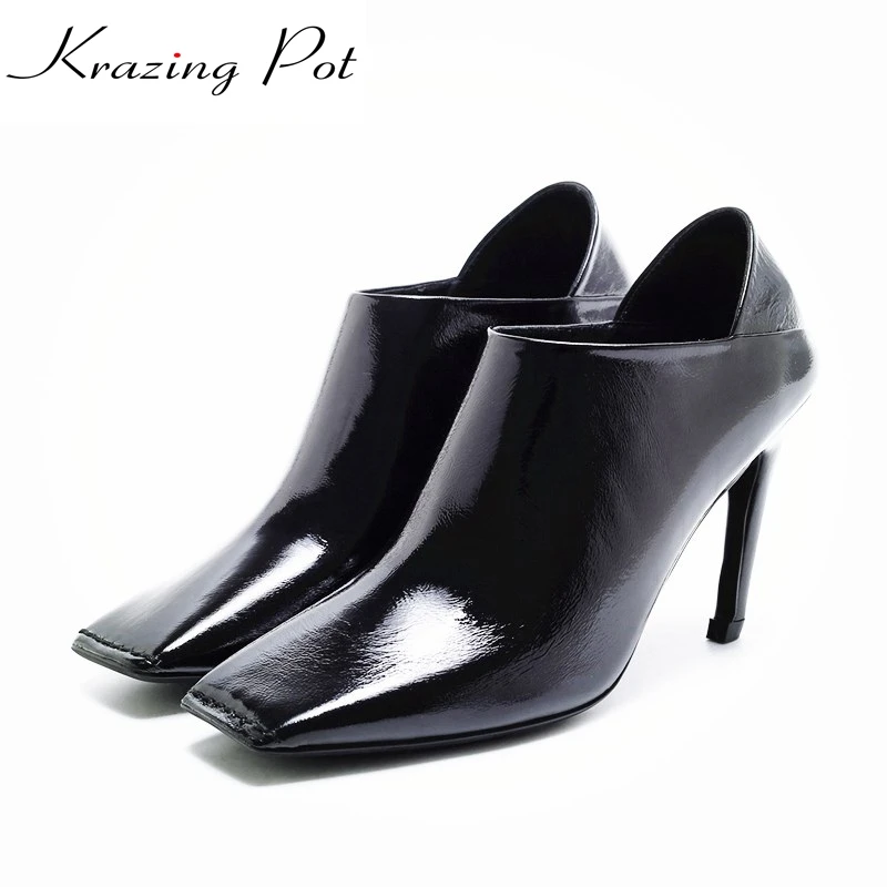 

Krazing Pot genuine leather recommend slip on square toe concise lazy style stiletto high heels women winter autumn pumps L20