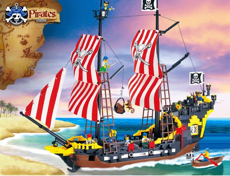 

Enlighten Building Block Large Pirate Ship Boat Black Pearl 8 Figures 4 Cannons 870pc Educational Bricks Toy For Boy Gift-No Box