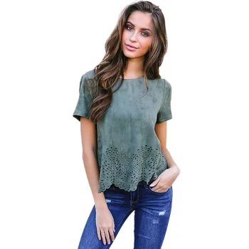 

Faux Suede Leather Crop Tops Hollow Out O Neck Wave Side T Shirt Women Casual Short Tee Shirt Tops Nice Summe