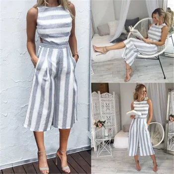 

2019 Summer Women Jumpsuits Sleeveless Spaghetti Bodysuit Cocktail Slim Casual Gray Striped Playsuits Lady Elegant Women Romper