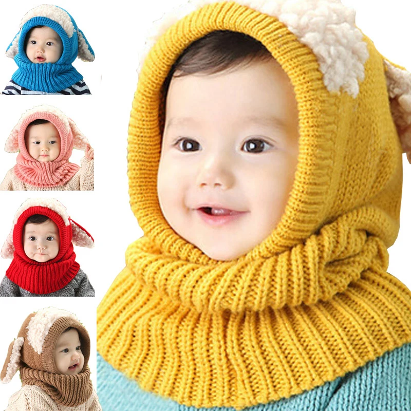 Novelty Wool Hat Cute Child Puppy Cashmere Ears Beanie Shawl Hat One piece Neck Warm Winter Hat