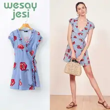 Dress Women Elegant Long Loose Pleated Dress Female Ladies Red Floral Print Ruffle Wrap Mini Dress Women 2019 Summer V neck Shor box pleated cross wrap bardot dress