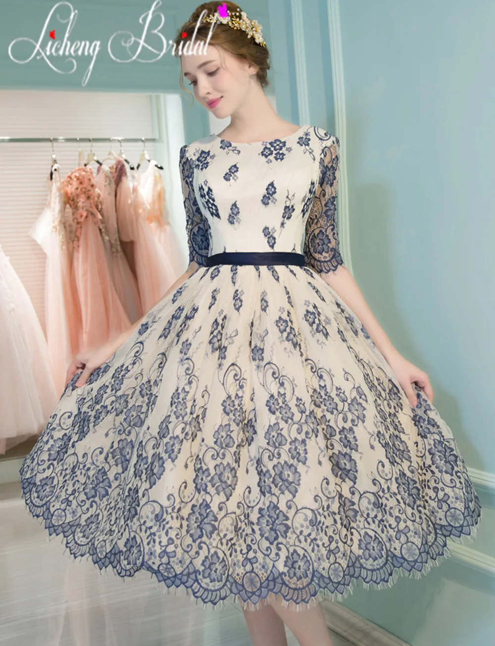 Licheng Bridal бежевый повязку кружева dress знаменитости платья с поясами 2017 аппликации