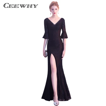 

CEEWHY Black Mermaid Evening Dresses Half Sleeve Luxury Prom Dresses Robe de Soiree Longue Lace Evening Gowns Formal Dress
