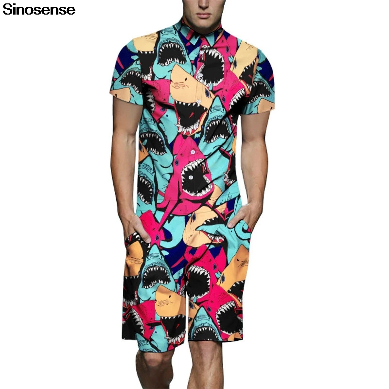 

New Summer Cargo Men Romper Male Shark Print 3D Rompers 2019 Hawaiian Beach Party One Piece Jumpsuit Overalls With Pockets 3XL