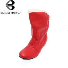BONJOMARISA Vente Grande Taille 34-47 Bottes de Neige Femmes Chaud D’hiver De Fourrure chaussures Noir Rouge Mode Moitié Genou Bottes Femme Hiver Chaussures XB663