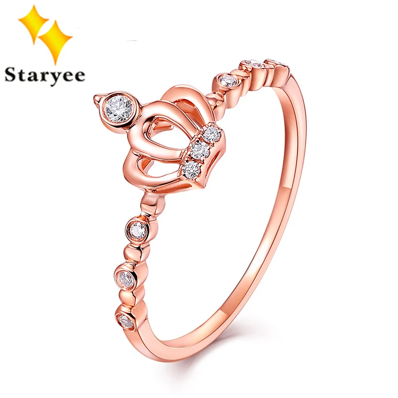 STARYEE натуральная 18 К чистого розового золота Princess Crown Обручение кольца 0.14CT VS H природных алмазов свадебные украшения для Для женщин свадебные