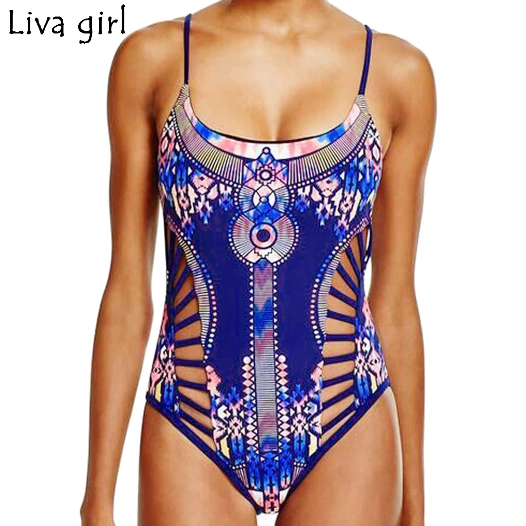 

Liva girl Printed One-Piece Suits 2019 New Hollow Out Padded Swimsuit Monokini Swimwear Women Bathing Suit Swimming Beach Wear