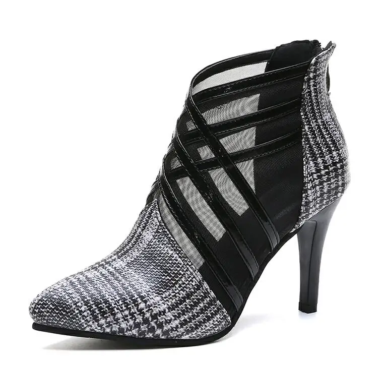 Новинка года; Модная Летняя женская обувь; модные открытые ботинки из искусственной кожи в мелкую клетку; босоножки на высоком каблуке с острым носком; E667 - Цвет: Серый