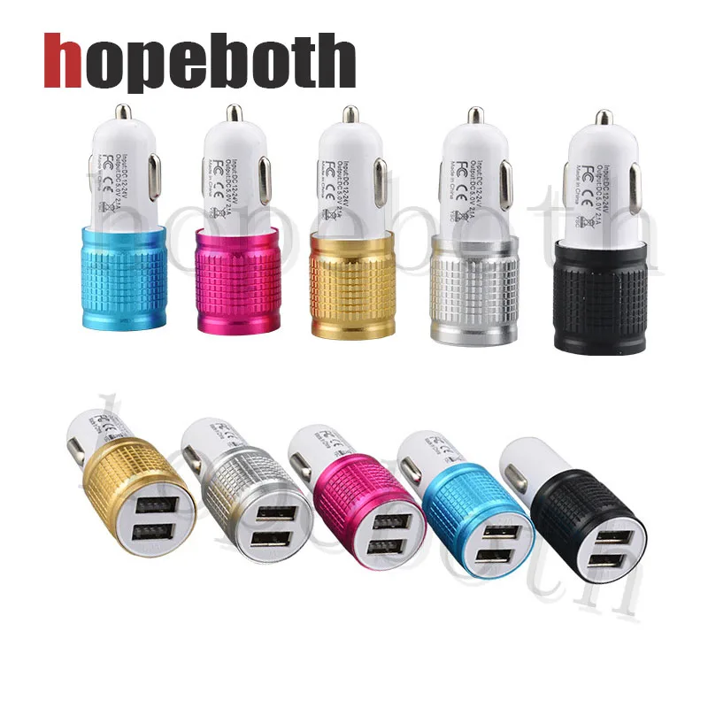 50pcs/lot Travel Adapter Dual USB Car Charger Metal 2 Ports 5V 2.1A Round Square Car Plugs Adapter For iPhone Samsung Huawei