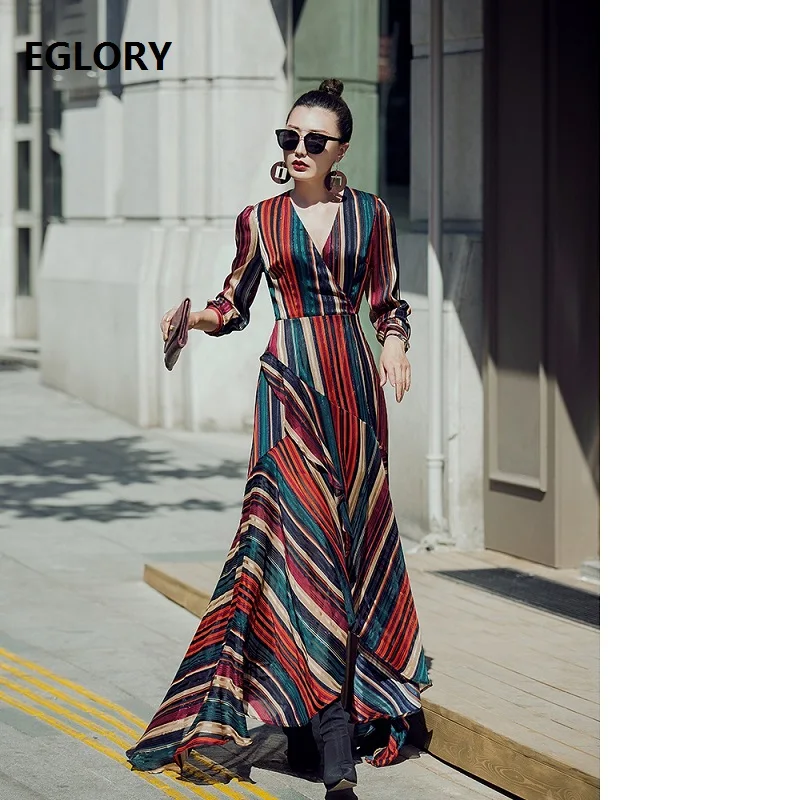 2018 Autumn Casual Long Dress Women V-Neck Cute Rainbow Color Striped Print Asymmetrical Long Sleeve Maxi Dress Lady Streetwear Dresses