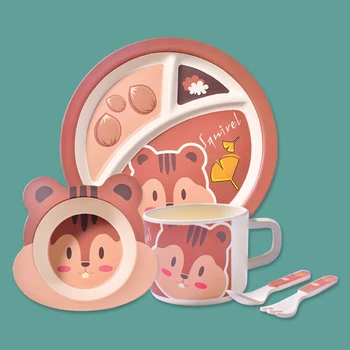 

5pcs/sets Baby Dish Tableware Set Natural Bamboo Fiber Bowl With Cup Spoon Plate Fork Feeding Dishes for Kids Utensils