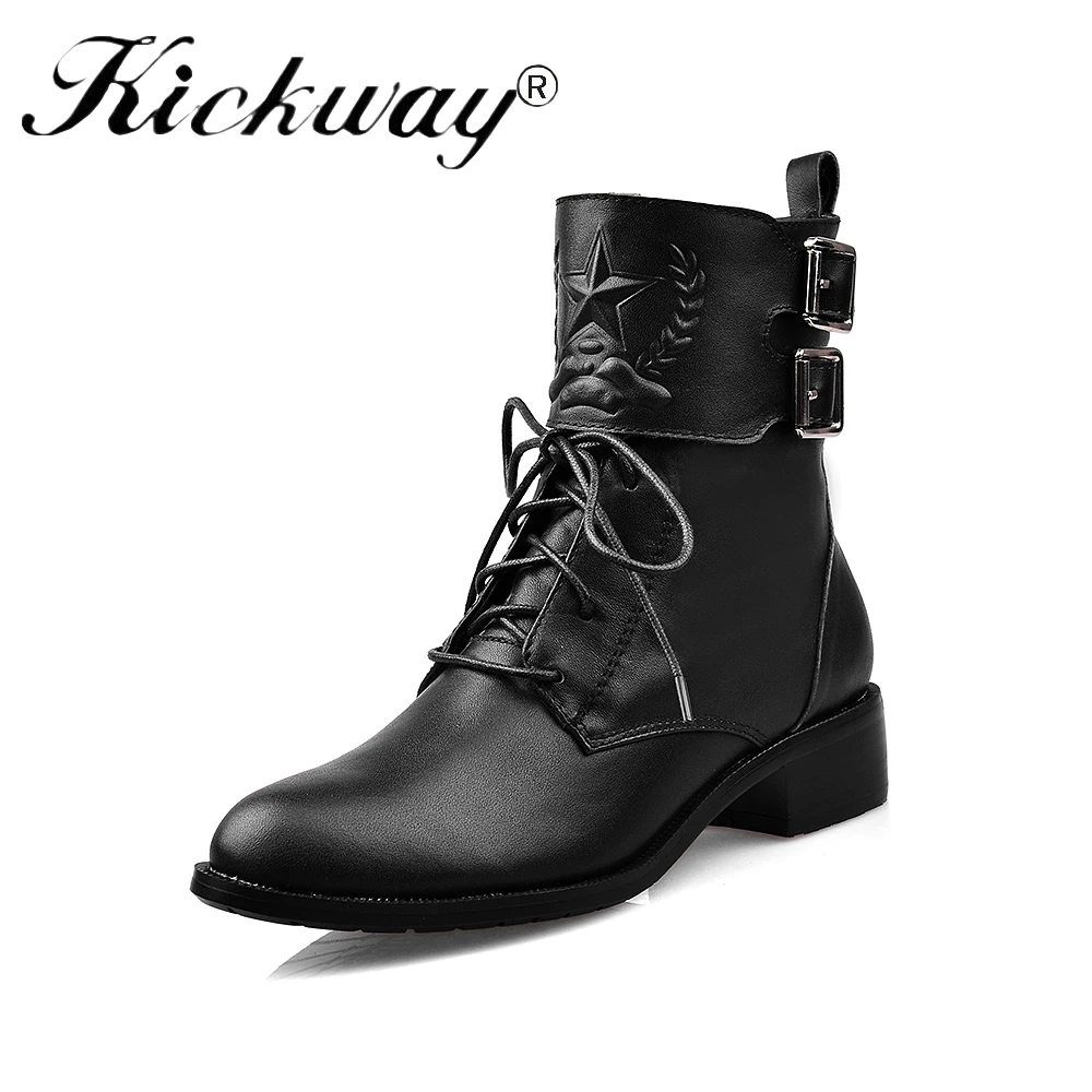 

Kickway platform ankle boots for women fashion genuine leather fur riding thick heels warm snow boots woman black shoes woman
