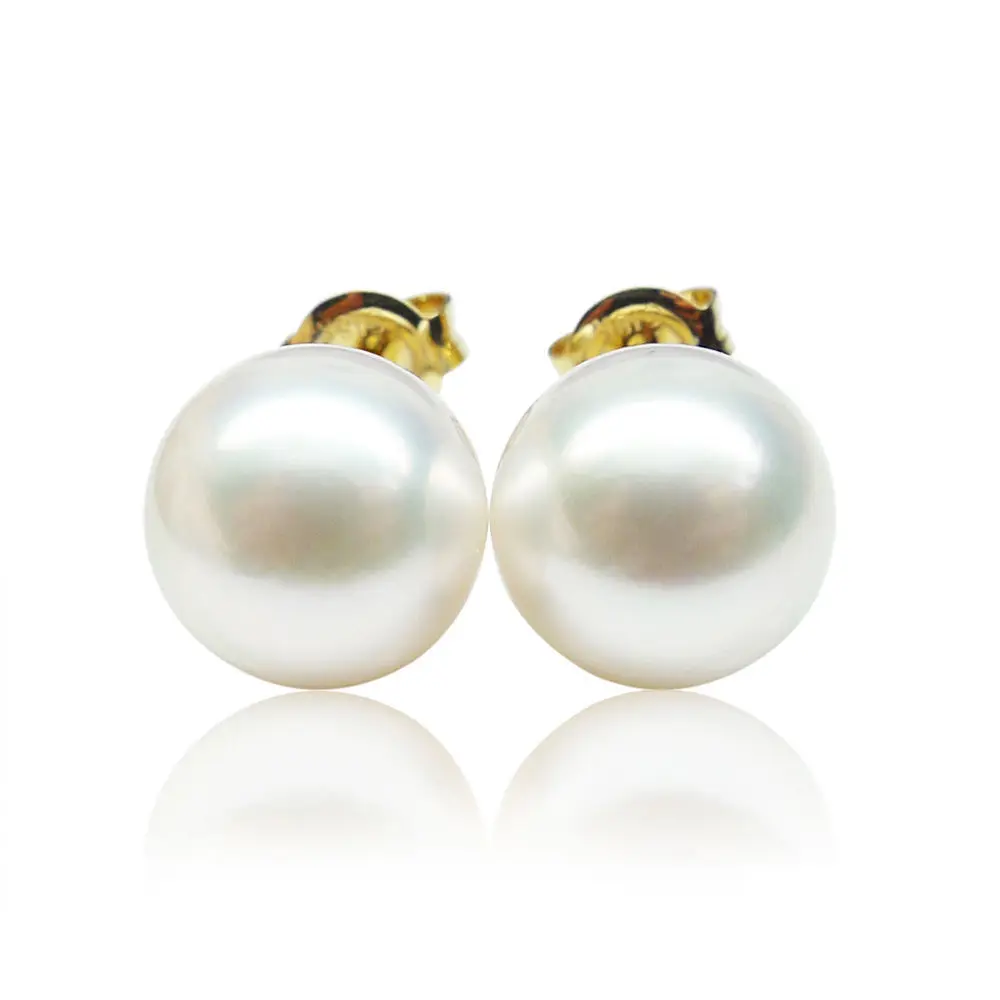 

Solid Gold 5-9.5mm AAA Natural White Real Japanese Akoya Pearl Stud Earrings
