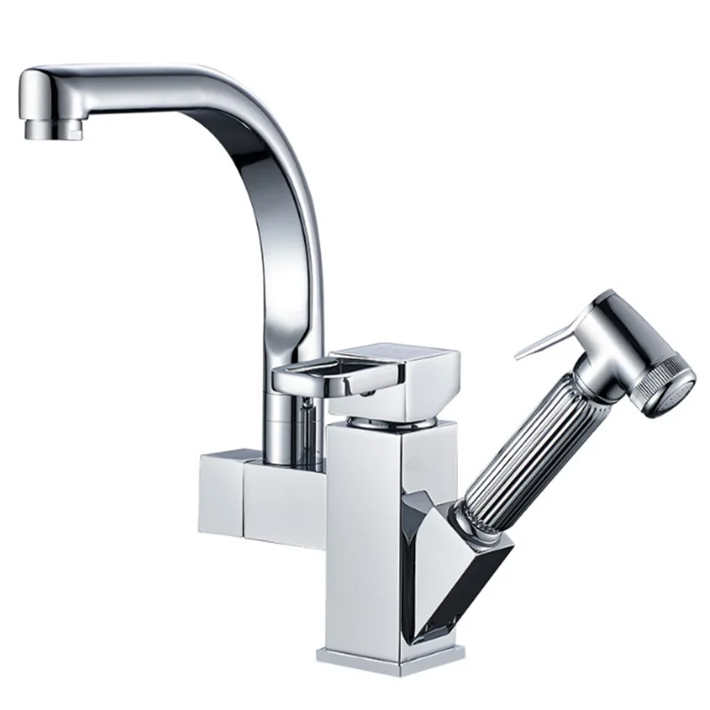 

Total Copper Chromium Plating Sink Kitchen Multi-function Square Hot And Cold Pull-type Splash Faucet High Pressure Flushing