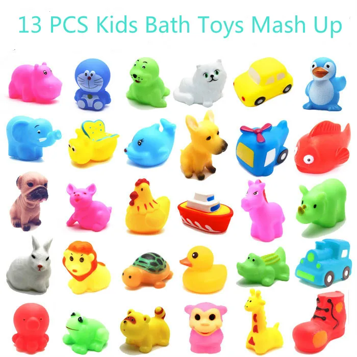 13Pcs Lovely Kids Bath Toys Mixed Animals Colorful Soft Rubber Float