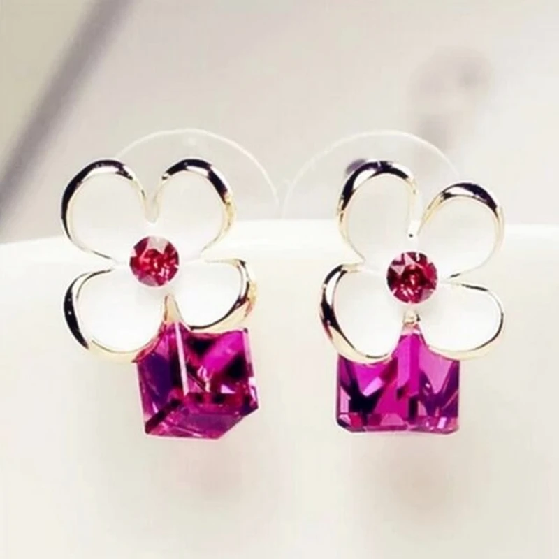

E0399 New Pink Crystal Stud Earring Korean Style Flower Design Stud Earrings For Women Girl Statement Ear Jewelry Exquisite Gift