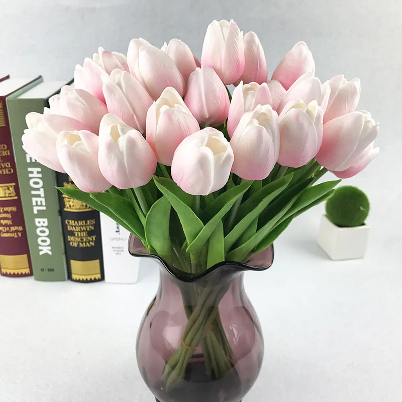 1 шт. искусственный букет из искусственной кожи настоящий на прикосновение шелк тюльпаны цветы для вечерние свадебные украшения дома цветок - Цвет: light pink