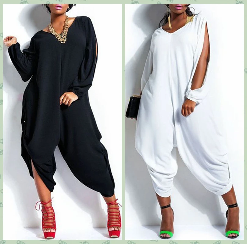 White/Black Long Sleeve Rompers Women Long Loose Baggy Jumpsuits Hip