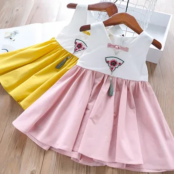 

Roimyal Wholesale 2019 summer new 2-6 year girl delicate embroidered tassel decoration color matching elegant cute vest dress
