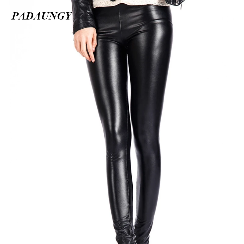 PADAUNGY ИСКУССТВЕННАЯ Кожа Брюки Для Женщин Тощий Slim Fit Jeggings Осень Зима Тренировки