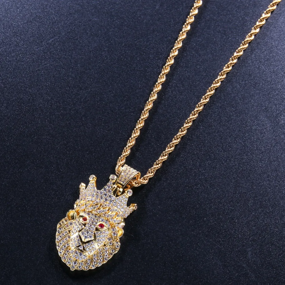Хип-хоп AAA CZ циркон проложили Bling Iced Out корона лев животное подвески ожерелье для мужчин рэппер ювелирные изделия золотой цвет Прямая