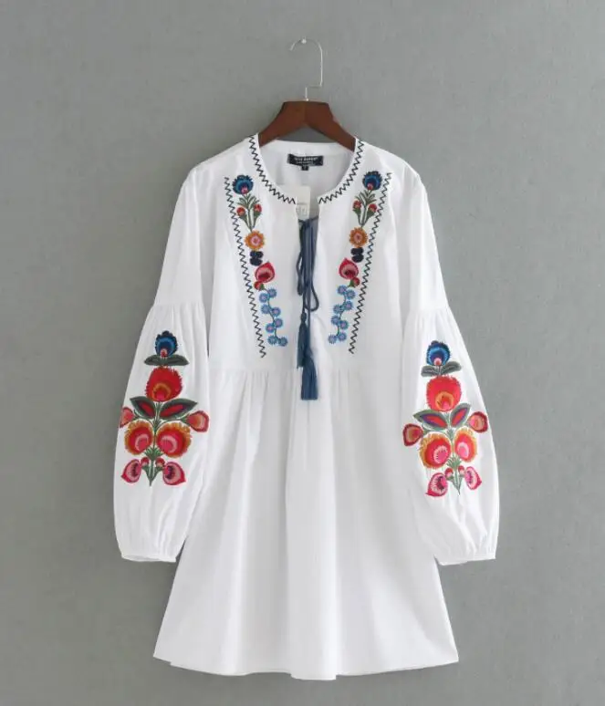 

women autumn fashion women floral embroidery o neck fringe deco dress ladies casual white color long sleeve dresses