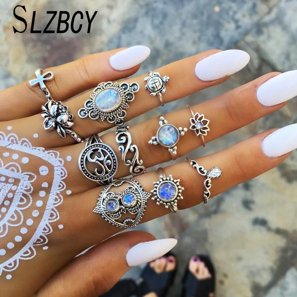 

SLZBCY 11pcs/set Wholesale Clear Crystal Round Knuckle Rings Sets Women Silver Color Lotus Flower Finger Ring Fashion Jewelry