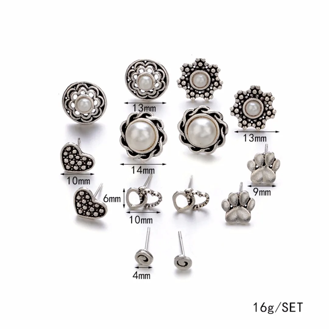 Punk Heart Pearl Flower Ear Stud Earring brincos Lovely Cat Dog Claw Print Earring Shellhard Antique Silver Jewelry 7 Pairs/Set