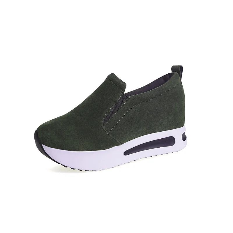 Новинка года; Лидер продаж; женские повседневные кроссовки из флока на высоком каблуке; цвет черный, 6 см; обувь для отдыха на платформе; дышащая обувь, увеличивающая рост - Цвет: Зеленый