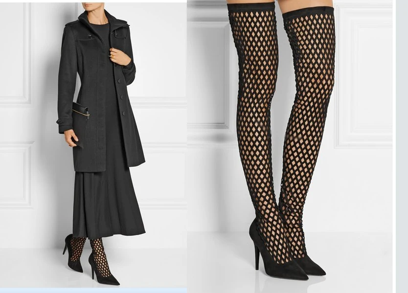 

Fashion net over-the-knee boots for woman pointed toe thin high heel slip-on cut-out sexy style with high quality suede