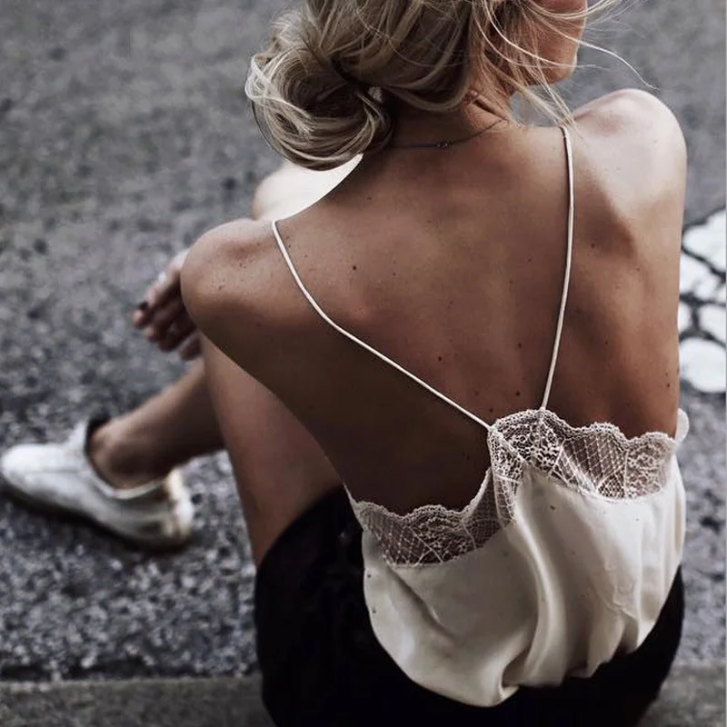 

2019 Patchwork Camis Sexy Tops Lace V Neck Spaghetti Strap Top Sleeveless Casual Loose Tank Tops New Inner Shirt Wholesale
