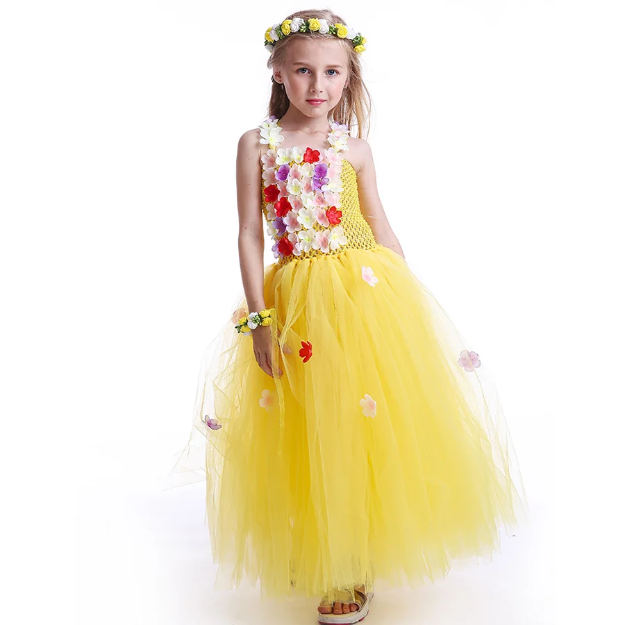 Multi Colored Flowers Kids Yellow Fancy full length Tutu Dress Baby Girls (7)